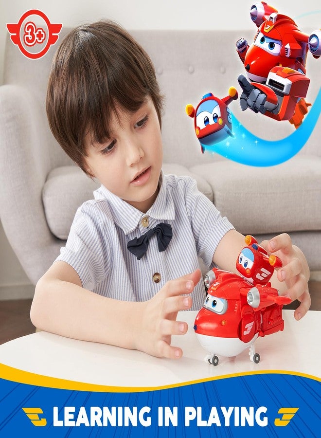 Super Wings - 5" Transforming 2-Pack Supercharged Jett & Super Pet Jett Airplane Toys | New from Season 5 | Airplane to Robot | Preschool Birthday Gifts for 3 4 5 Year Old Kids | with Light Effect - Image 4